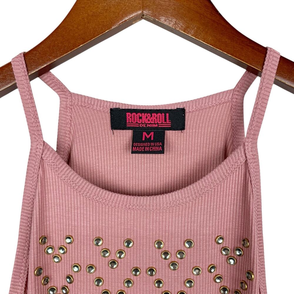 New Rock & Roll Denim Tank Top Studded Jewels Pink Ribbed Juniors M - Picture 3 of 6